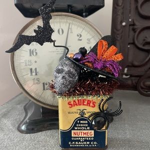 Halloween Decoration Handmade: Antique Sauers Spice Can & vintage trinkets
